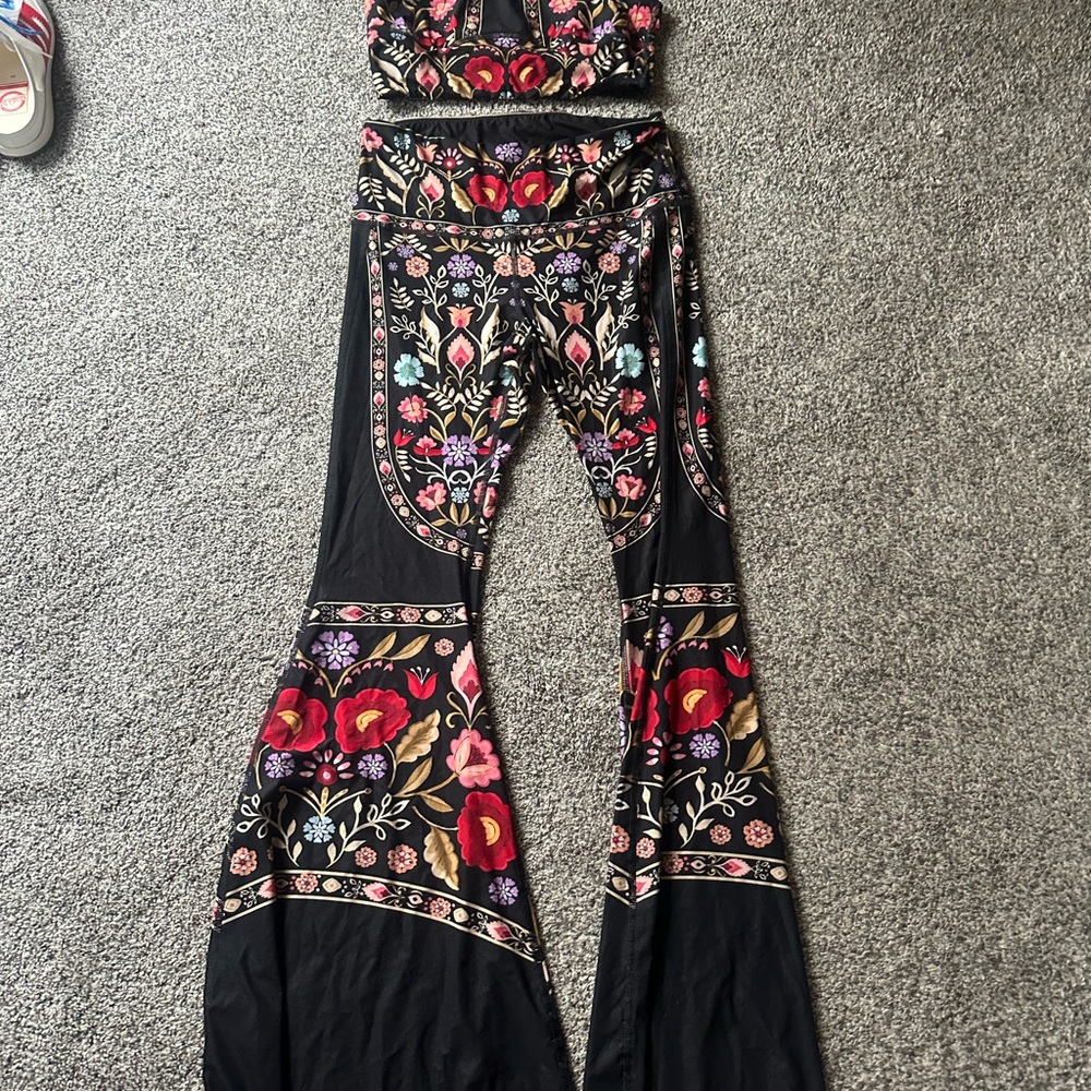 Yoga Democracy Black Embroidered Floral Bell-Bottom Jumpsuit - Picture 2 of 6